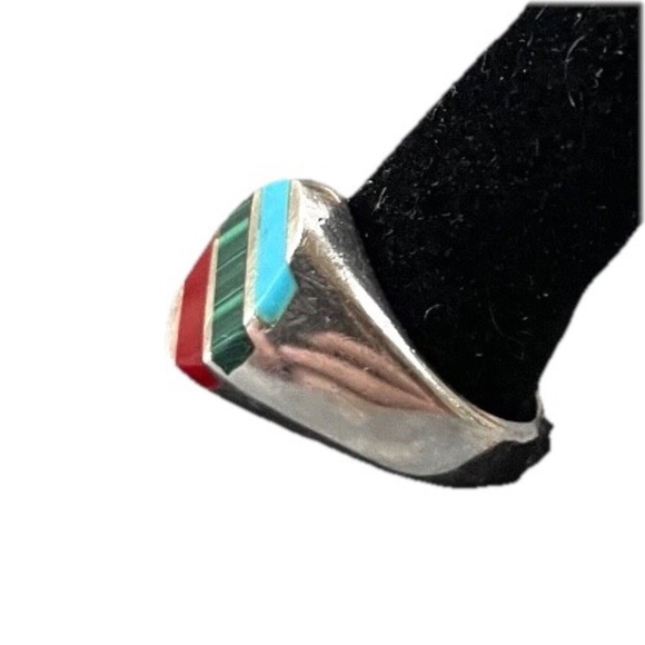 Vintage 925 Sterling Silver Mexico Ring w/ turquoise and malachite Size 7.5 - Picture 2 of 5